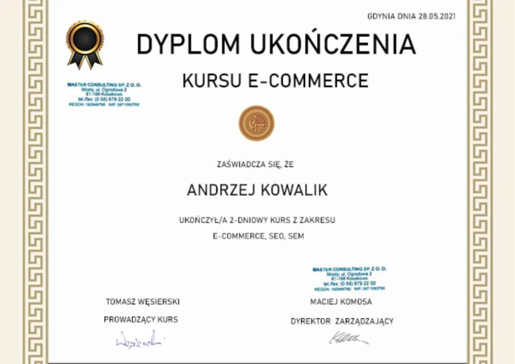 dyplom ukończenia kursu e-commerce