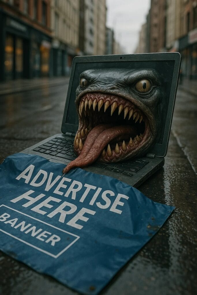 obraz laptopa zjadającego reklamę AI