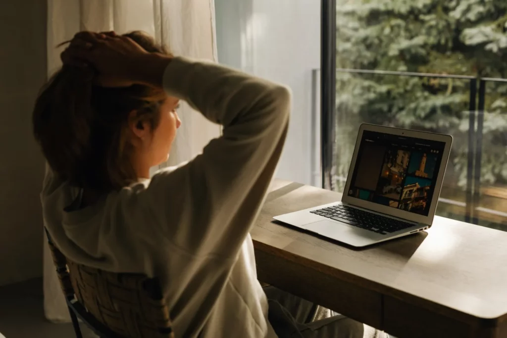 kobieta łąpie się za głowę przed laptopem