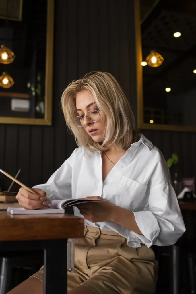 kobieta notuje coś w notatniku 