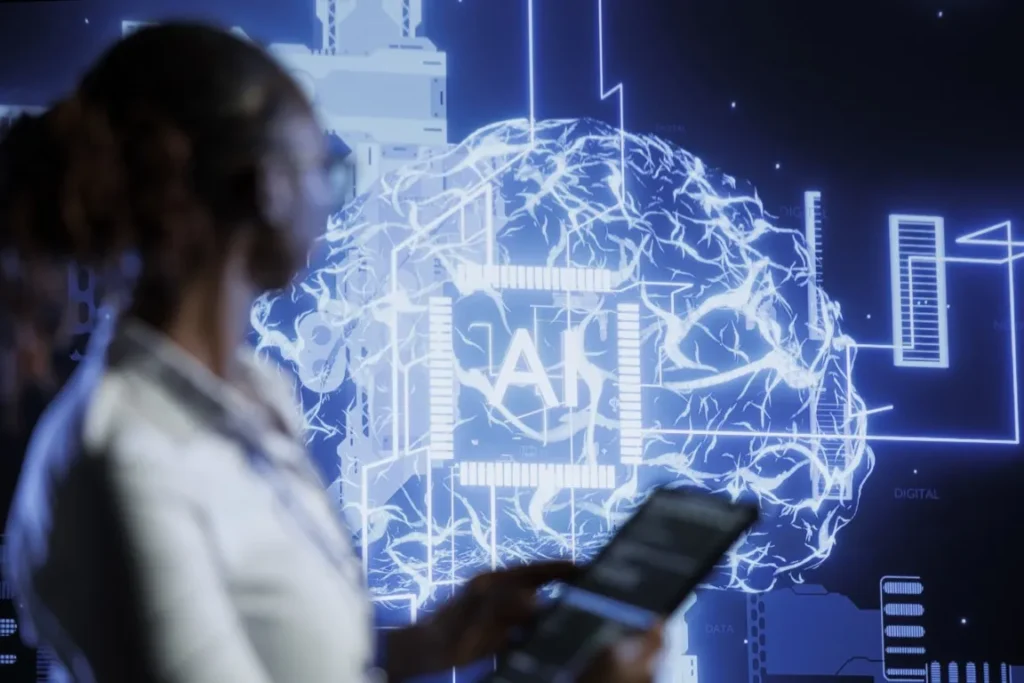 widok postaci a w tle rysunek AI